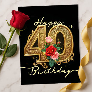 Carte Postale Élégante Rose Rubis à Filigrane Doré 40e Anniversa