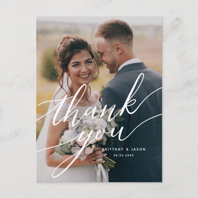 Carte Postale Élégante superposition Script Mariage photo Merci (Devant)