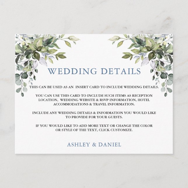 Carte Postale Elégante verdure Dusty Blue Mariage Details Card (Devant)