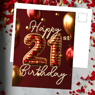 Carte Postale Élégantes Rayures Dorées et Rouges 21e Anniversair