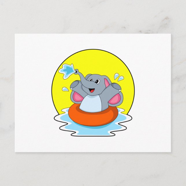 Carte Postale Éléphant à la baignade avec bouée de sauvetage (Devant)