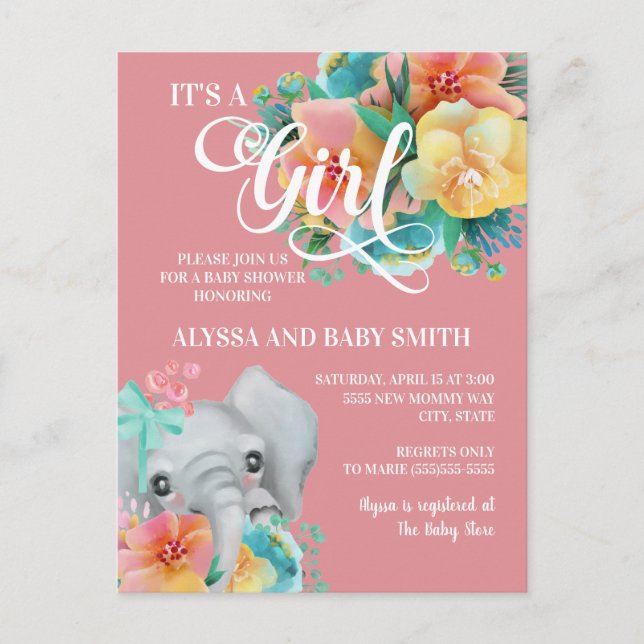 Carte Postale Eléphant Baby Girl Baby shower rose Jaune Turquois (Devant)