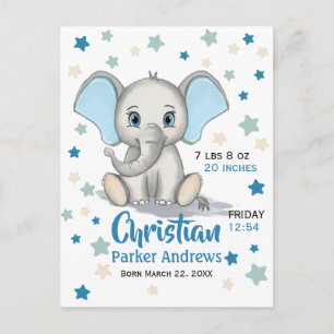 Carte Postale Eléphant Bébé mignon avec oreilles bleues Boy Stat