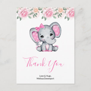 Carte Postale Eléphant de bébé rose et Merci frontalier Rose