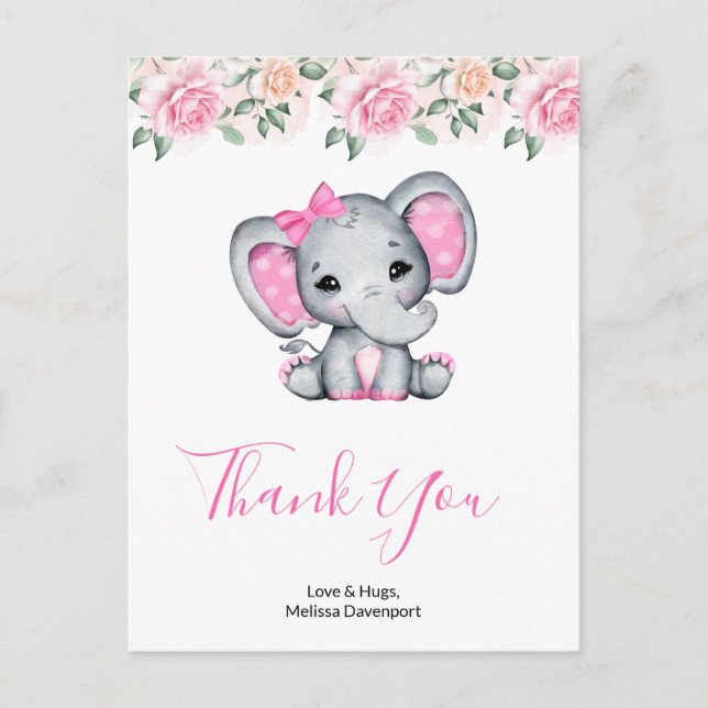 Carte Postale Eléphant de bébé rose et Merci frontalier Rose (Devant)