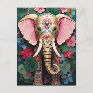 Carte Postale éléphant doré avec fleurs colorées