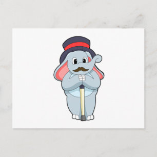 Carte Postale Elephant en Gentleman avec Casquette et bâton de m