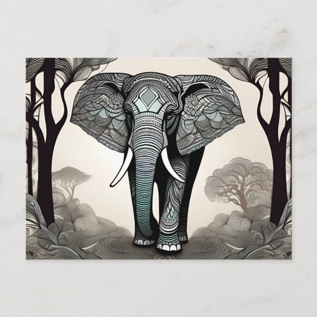 Carte Postale Eléphant majestueux avec Motifs tribaux ornés (Devant)