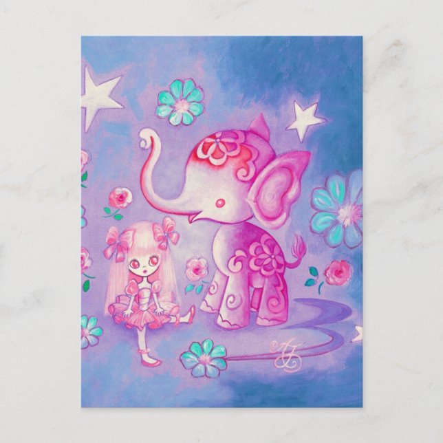 Carte Postale Eléphant mignon Avec Fille Haïrée Rose (Devant)