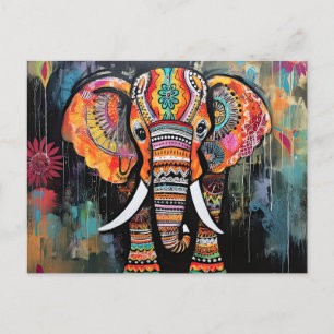 Carte Postale Éléphant Mignon Coloré Funky Animal en Médias Mixt