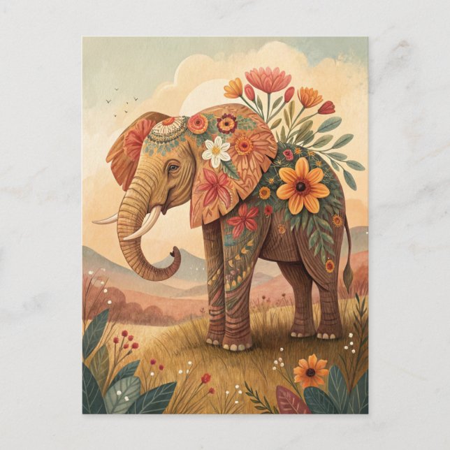 Carte Postale Éléphant mignon félicitations style d'art populair (Devant)
