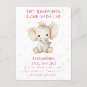 Carte Postale éléphant princesse personnalisé pour le 1er annive