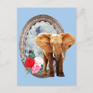 Carte Postale Eléphant, Rose Et Cadre