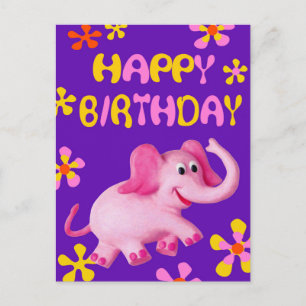 Carte Postale Eléphant rose Joyeux Anniversaire