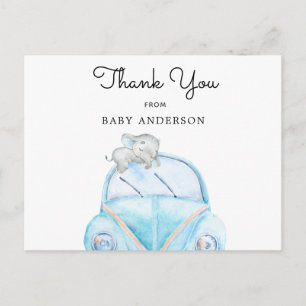 Carte Postale Éléphant sur conduite de voiture bleue par douche 