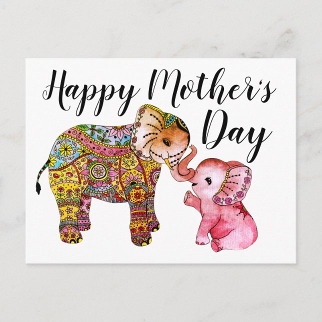 Carte Postale Eléphants Boho Rose Cute Joyeux fête des mères (Devant)