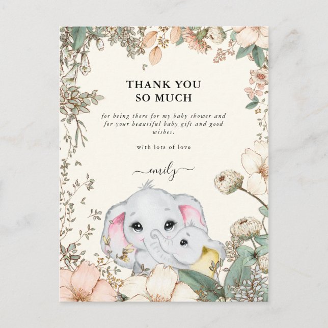 Carte Postale Eléphants Foliage Crème Baby shower Merci (Devant)