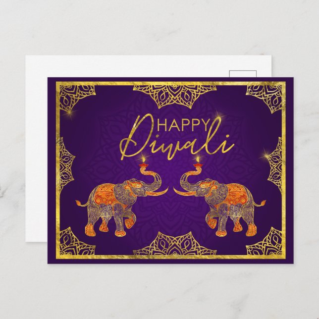 Carte Postale Eléphants violets et or Joyeux Diwali (Devant / Derrière)
