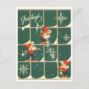 Carte Postale Elfes Décoration de Noël de Fenêtre Rétro