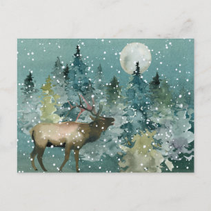Carte Postale Elk majestueux dans la Pleine lune forestière neig