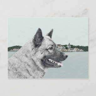 Carte Postale Elkhound norvégien à la peinture de village - Chie