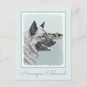 Carte Postale Elkhound norvégien à la peinture de village - Chie