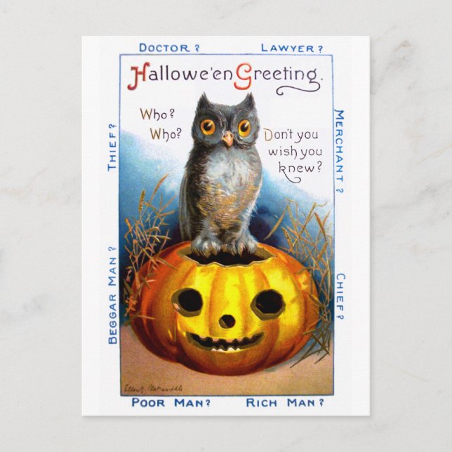Carte Postale Ellen H. Clapsaddle : Hibou d'Halloween (Devant)