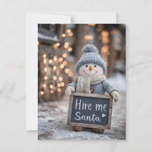 Carte Postale "Embauchez-moi Père Noël" Snowman avec une pancart