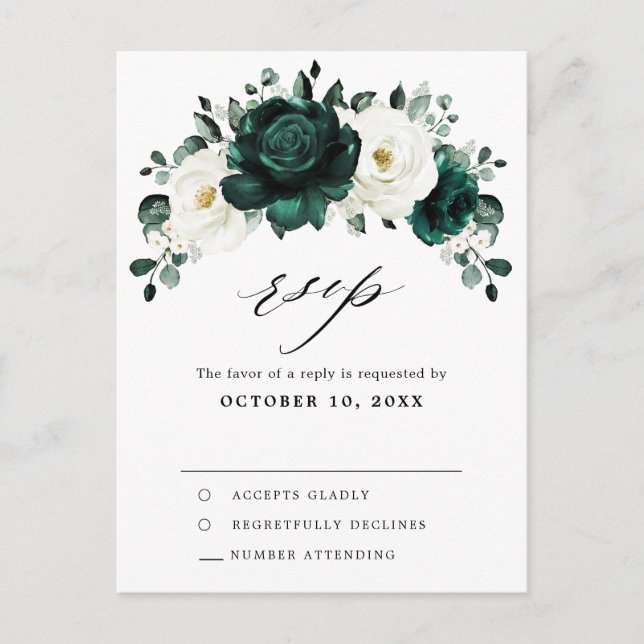 Carte Postale Emerald Green Eucalyptus Rose blanche Floral RSVP (Devant)