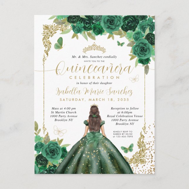 Carte Postale Emerald Green Gold Princess Floral Quinceañera (Devant)
