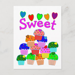 Carte Postale Empilement de cupcakes "Sucré" avec des cœurs bril
