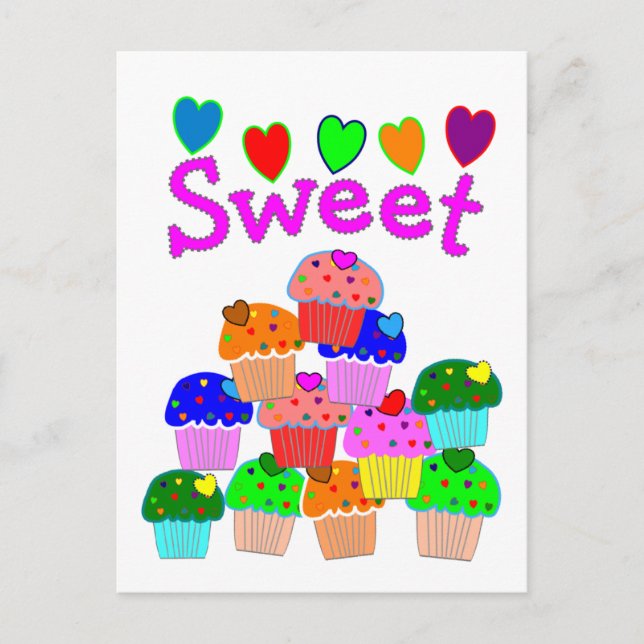 Carte Postale Empilement de cupcakes "Sucré" avec des cœurs bril (Devant)