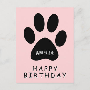 Carte Postale Empreinte de patte noir rose mou Joyeux anniversai