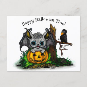 Carte Postale En attente d'Halloween, Bat mignonne et Corbeau