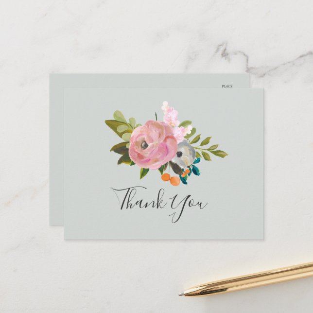 Carte postale en Merci floral peint (Devant/Arrière en situation)