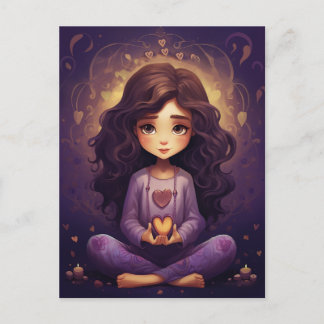 Carte Postale En Paix Plutôt Méditant Yoga Girl Purple Coeurs