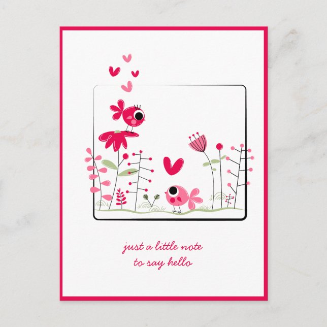 Carte Postale En pensant à vous Oiseaux roses fantaisistes Fleur (Devant)