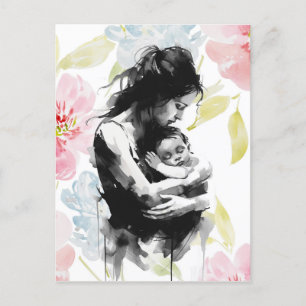 Carte Postale encre Abstraite mère et enfant et aquarelle