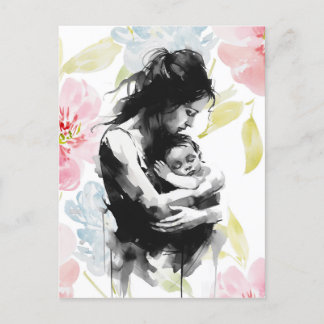 Carte Postale encre Abstraite mère et enfant et aquarelle