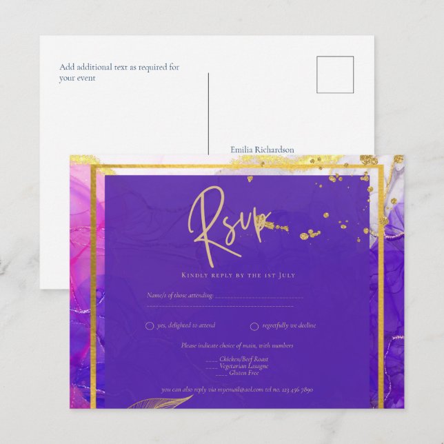 Carte Postale Encre d'alcool Mariage violet intense en or rose (Devant / Derrière)