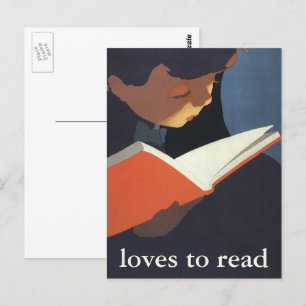 Carte Postale Enfant de style rétro lisant un livre de la biblio
