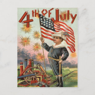 Carte Postale Enfant Drapeau américain Feux d'artifice Pétard Ex