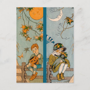 Carte Postale Enfant et fille des années 1920 en automne