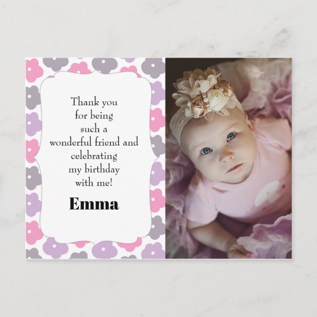 Carte Postale Enfant fête d'anniversaire Merci photo rose violet (Devant)