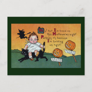 Carte Postale Enfant sur chat et panneaux JOL Halloween Vintage