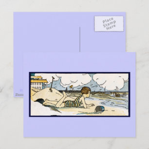 Carte Postale Enfant sur la plage Art Vintage