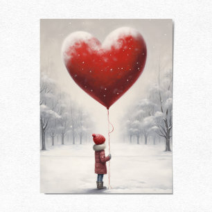 Carte Postale Enfant tenant ballon coeur, jolie scène hivernale