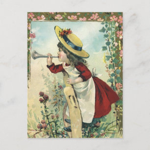 Carte Postale Enfant victorienne vintage, fille soufflant dans u
