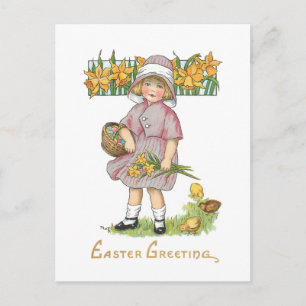 Carte Postale Enfant vintage avec jonquilles et voeux de Pâques