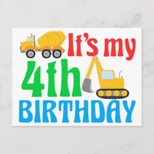 Carte Postale Enfants 4ème anniversaire garçon véhicule de const